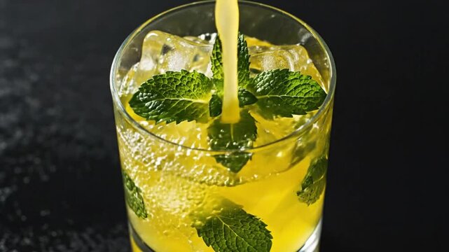 Close-up shot of yellow liquid pouring into a glass with ice cubes and fresh mint leaves, creating a refreshing beverage