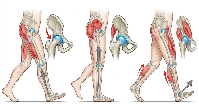 Anatomical illustration of human leg muscles and bones during walking motion