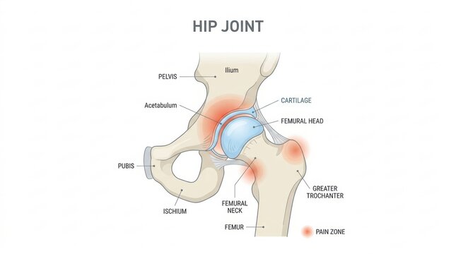 Detailed anatomical illustration of the human hip joint with pain zones highlighted