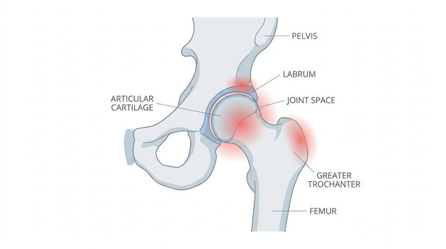 Anatomical illustration of the human hip joint with highlighted areas of pain