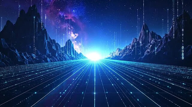 A digital landscape with glowing binary code and mountain peaks