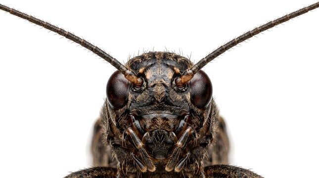 Extreme macro close up of a cricket head isolated on white.