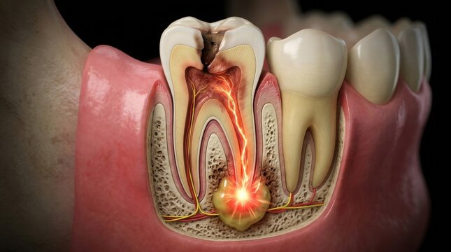 Cross-section of a diseased tooth showing decay and infection at the root tip