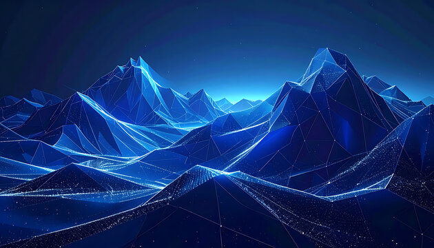 Abstract digital mountain landscape with glowing blue network lights, futuristic technology concept, data stream flow