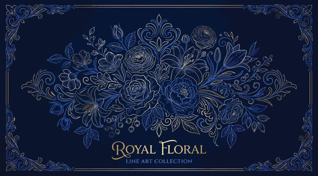 Royal floral line art collection, elegant vintage botanical illustration with intricate flourishes on dark blue background