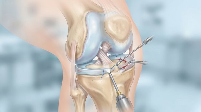 Knee arthroscopy surgery showing meniscus repair with surgical instruments and sutures