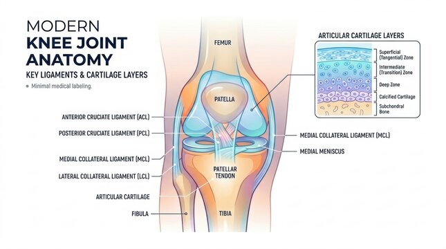 Detailed illustration of modern knee joint anatomy with ligaments and cartilage layers