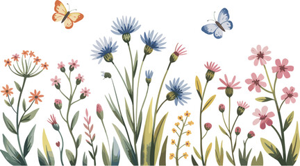 Wildflower meadow border illustration, blooming botanical garden plants with butterflies vector design for nature themes © Sume