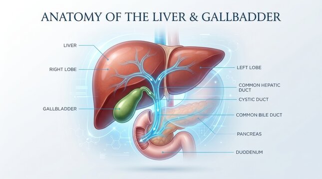 Detailed illustration of the human liver and gallbladder anatomy with labels