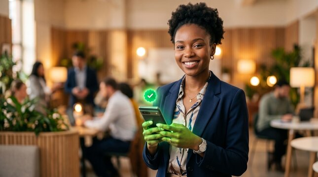 Mobile authentication diversity concept. Young Black female professional holding smartphone with verified badge. Inclusive security on light background.