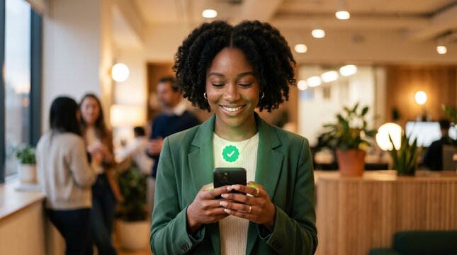 Mobile authentication diversity concept. Young Black female professional holding smartphone with verified badge. Inclusive security on light background.
