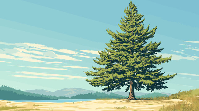 A lone pine on a sandy shore beside calm water and distant blue hills under sun!