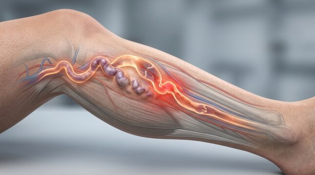Close-up 3D illustration of varicose veins in a human leg with highlighted blood vessels