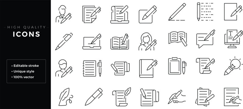 Set of outline icons related to write. Editable stroke. Linear icon.