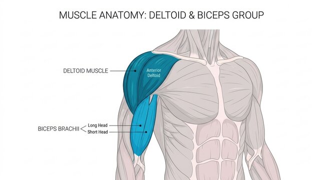 Anatomical illustration of the deltoid and biceps brachii muscle groups