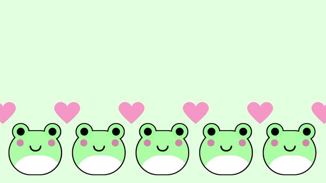 A row of five cute kawaii green frog characters lined up side by side with pink hearts above them on a soft light green background