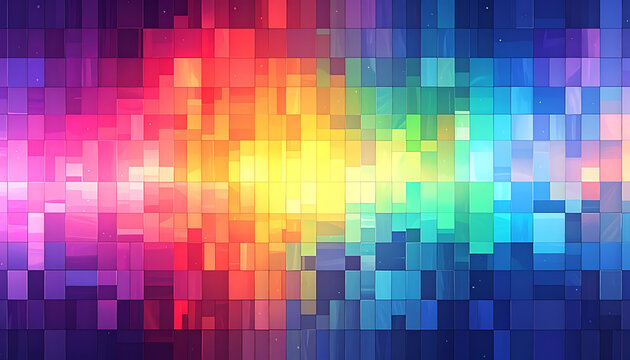 abstract colorful pixelated background with glowing light effect, digital art, vibrant squares forming a gradient spectrum, modern geometric pattern