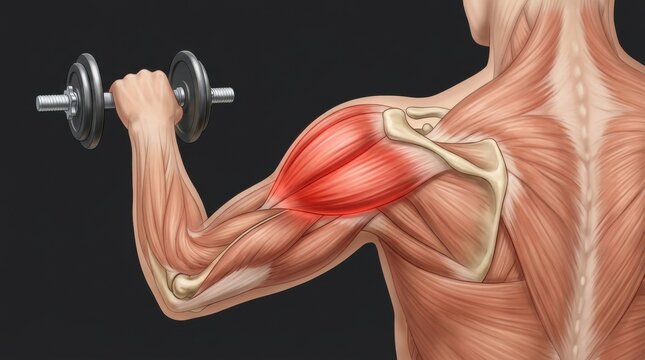 Anatomical illustration of a human arm flexing a dumbbell, highlighting the biceps muscle