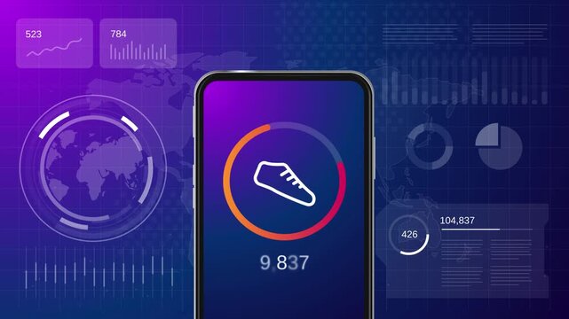 smartphone display fitness tracking application with a step counter interface shoe icon progress ring data infographics for health monitoring wellness technology and activity tracking concepts