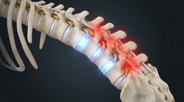 Close-up of inflamed lumbar spine with highlighted pain points and nerve compression