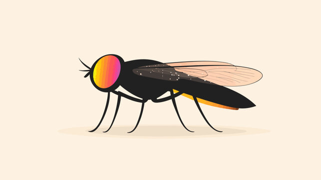 A stylized black fly with rainbow eyes, pink wings, and orange leg accents  glow