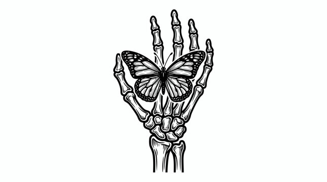A skeleton hand with a butterfly emerging.