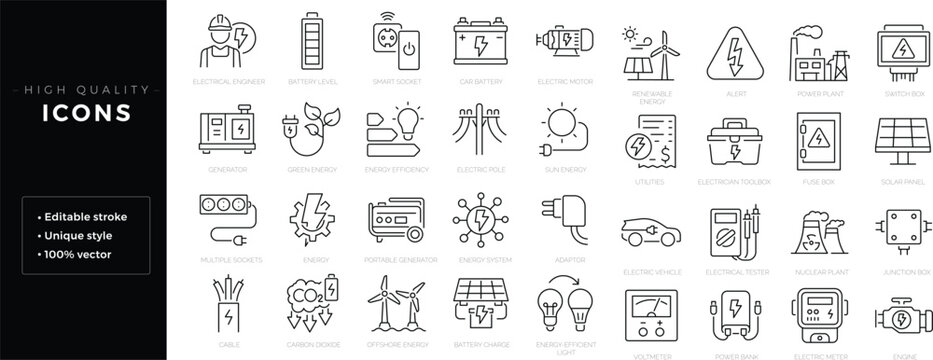 Set of line icons related to energy, electrical energy, electricity. Editable stroke. Outline icon
