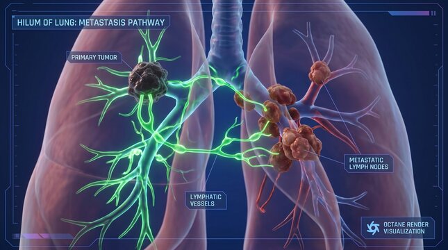Futuristic 3D medical HUD interface displaying a lung cancer metastasis pathway diagram, labeling the primary tumor, glowing lymphatic vessels, and metastatic lymph nodes.