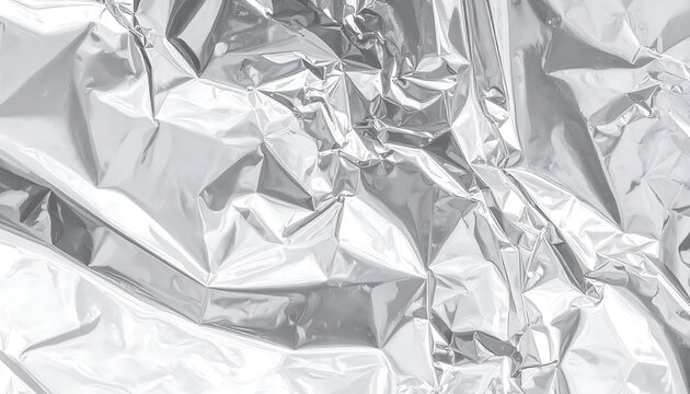 Abstract crumpled silver foil texture with sharp geometric folds reflecting light, metallic sheen, industrial material, background element
