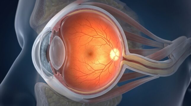 Detailed cross-section of the human eye showing internal structures and optic nerve
