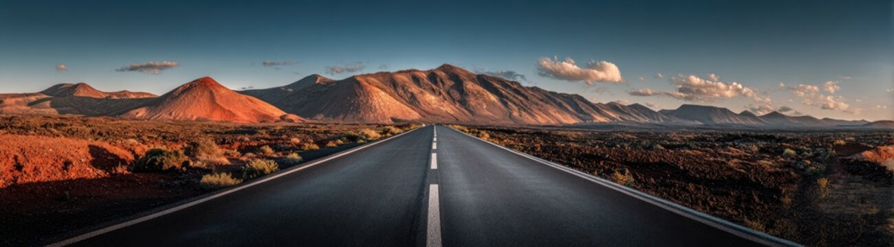 A long highway stretches into the distance, towards a mountain range under a blue, slightly cloudy sky
