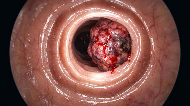 Extreme close-up endoscopic view of an advanced bleeding lung carcinoma mass crushing the delicate windpipe tissue.