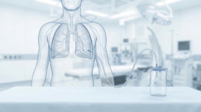 Medical illustration of a chest tube drainage system connected to a patient's lungs