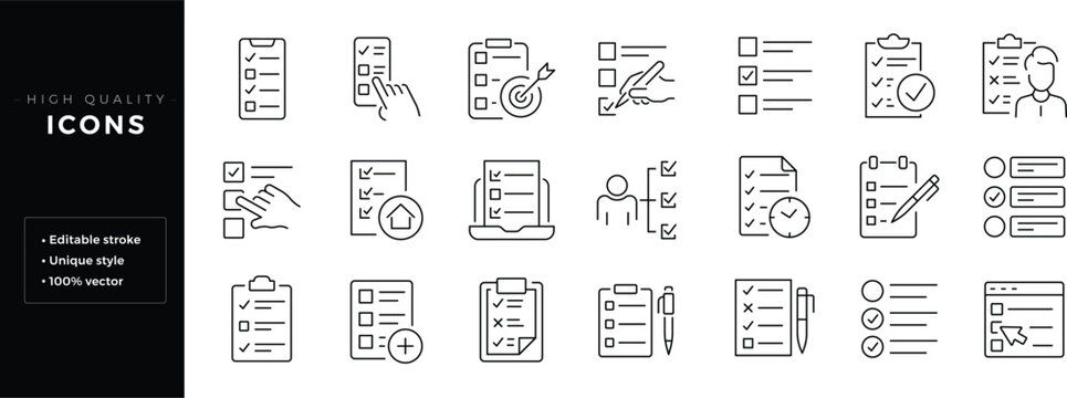 Set of outline icons related to checklist, plan, task, to do list. Editable stroke. Linear icon.