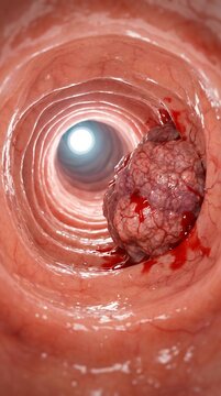 Vertical 3D medical illustration of a bronchoscopy navigating towards a bumpy, bleeding lung cancer mass with bright backlight.