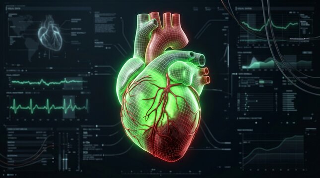 High-tech 3D render of a human heart with an intense green glowing echocardiogram mesh and red necrotic zone, integrated into a futuristic medical HUD with global data.