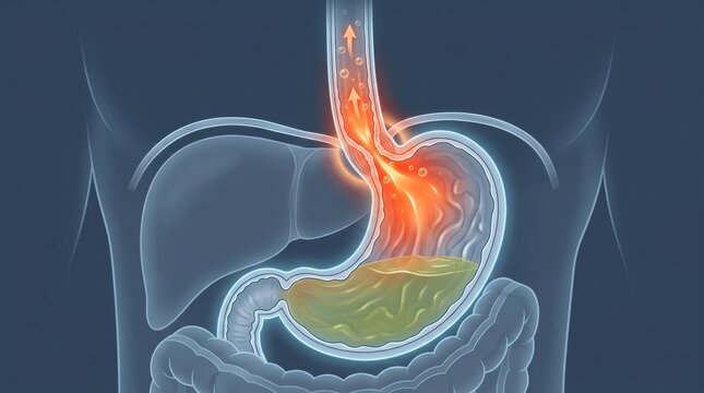 Medical illustration of acid reflux and stomach contents moving upwards into the esophagus