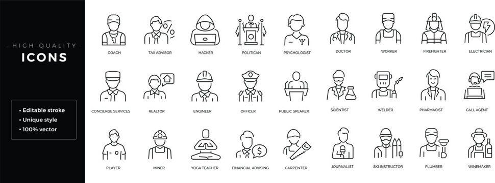 Set of outline icons related to professions. Editable stroke. Linear icon.