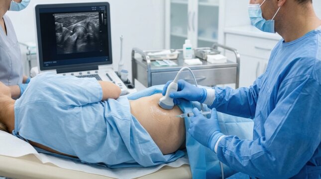 Doctor performing ultrasound-guided injection for pain relief in a patient's hip