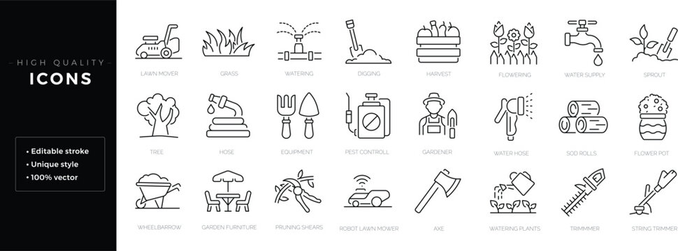 Set of outline icons related to gardening, landscaping, farming. Editable stroke. Linear icon.