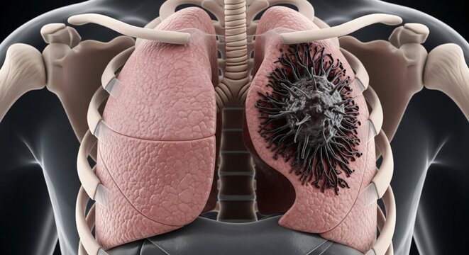 Comprehensive 3D anatomical render of the human chest cavity showing the heart and a severe malignant carcinoma growing in the right lung.