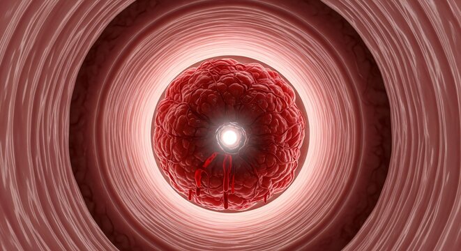 Extreme close-up 3D bronchoscopy view of a terrifying, bleeding lung tumor mass completely blocking the respiratory tunnel.