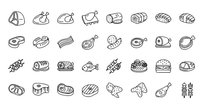50 Meat and Protein Outline Icons Set Thin Line Food Vector Collection for Web App Menu and Presentation Design