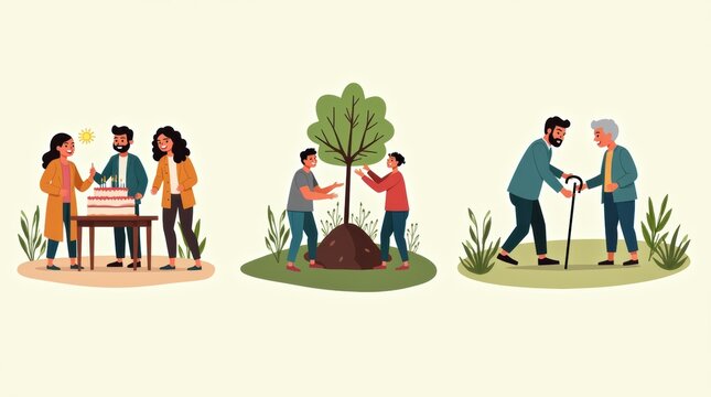 Set of illustrations showing people celebrating a birthday, planting a tree, and helping an elderly person walk