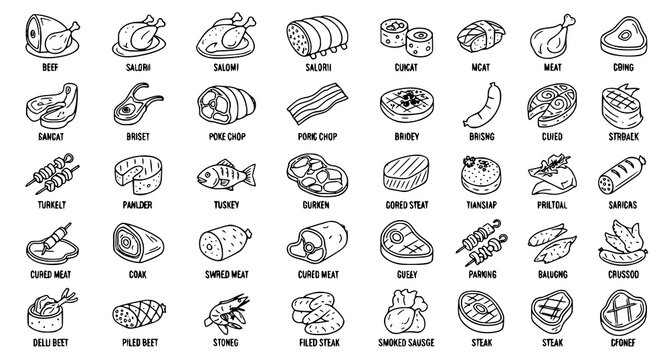 Premium Meat Outline Icons Collection Thin Line Butcher Seafood and Protein Food Vector Set
