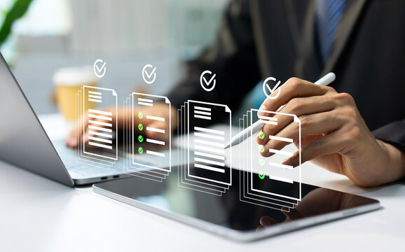 Businessman reviewing document approval process with automated workflow management, legal compliance, and digital business operations.