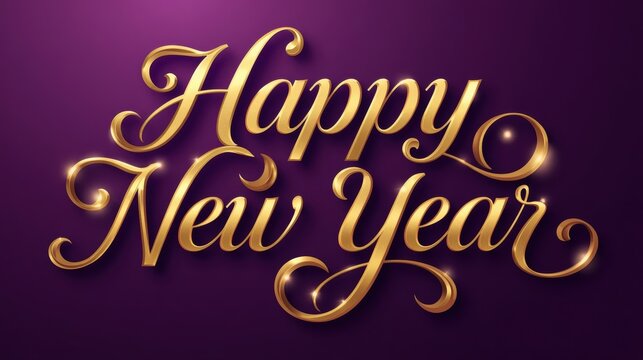 Happy new year text with elegant gold cursive lettering on a dark purple and black background