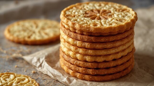 Stack of delicious round chocolate cookies on a dark rustic stone table surface for a snack time