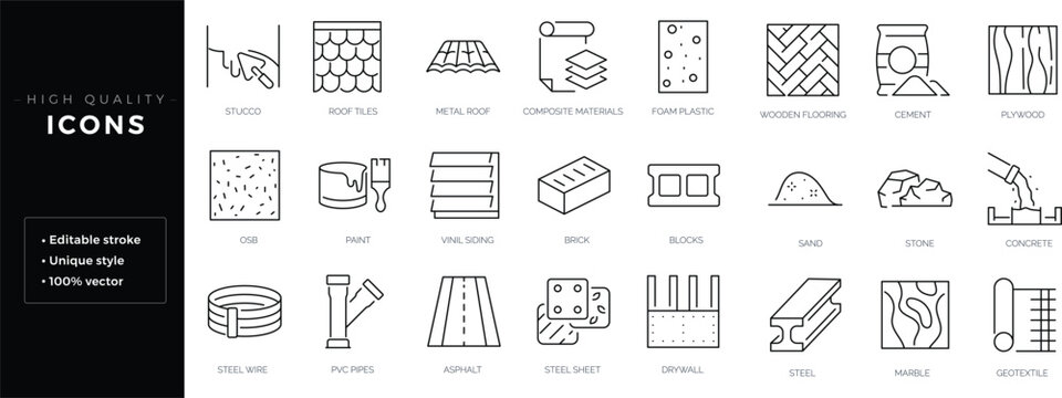 Set of outline icons related to building materials. Editable stroke. Linear icon.