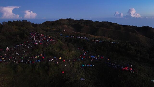 Aerial view of the campsite on Mount Prau in the morning.
